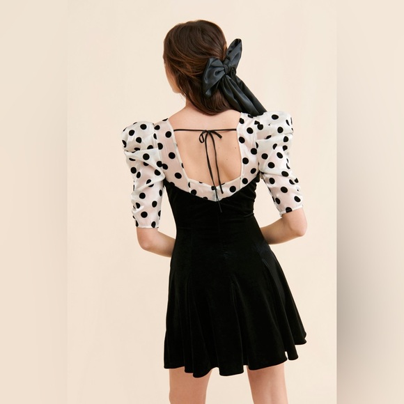 For Love & Lemons Dolly Black Velvet Polka Dot Tulle Puff Sleeve Mini Dress NWT - Picture 5 of 5